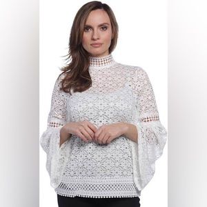 Cable & Gauge Women's Mock Neck Bell Sleeve Lace Top